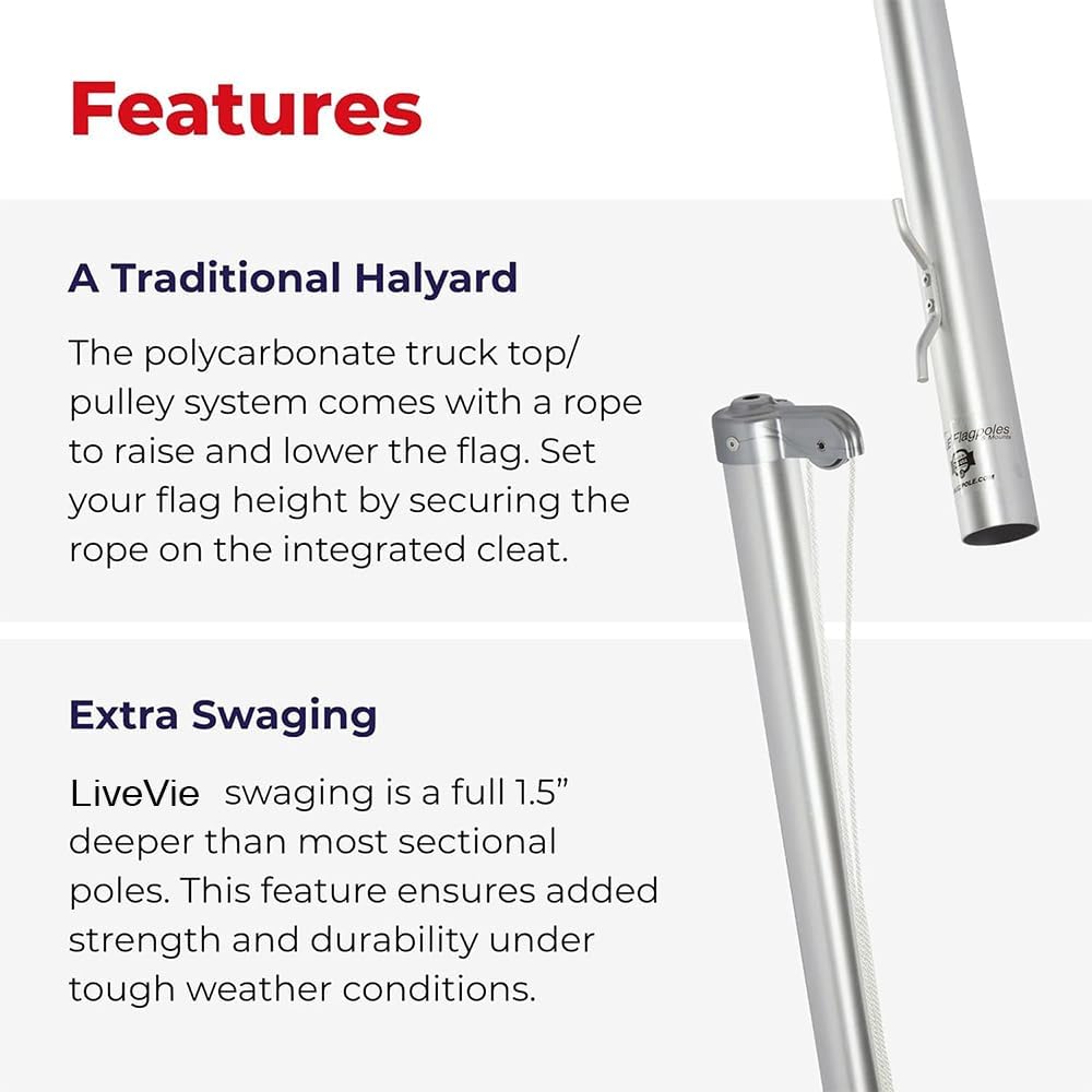 LIVEVIE Iconic Flag Pole Timeless Tradition &amp; Craftsmanship, Rust-Free Aluminum, Elegant Design, Complete Kit, Traditional Sectional, Rope System, 21-ft Length, Withstands Winds up to 130 MPH