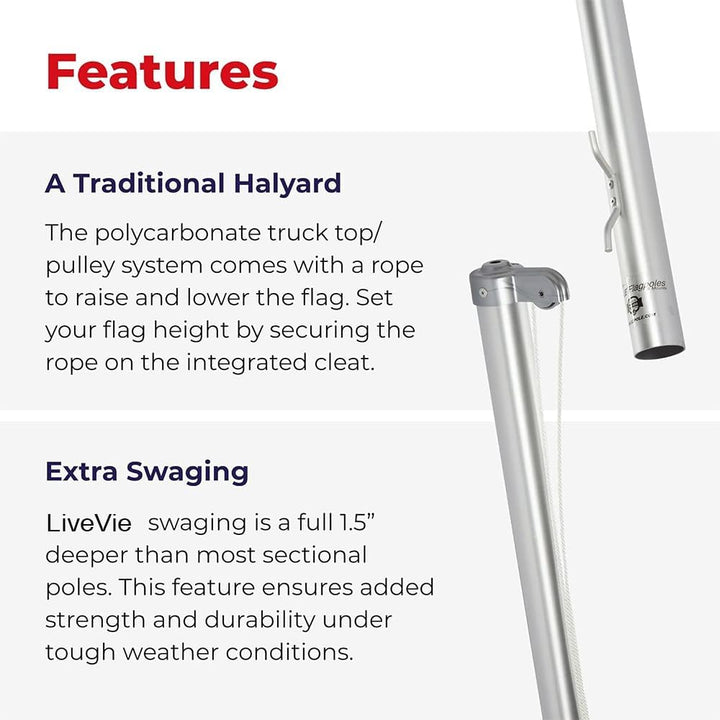 LIVEVIE Iconic Flag Pole Timeless Tradition &amp; Craftsmanship, Rust-Free Aluminum, Elegant Design, Complete Kit, Traditional Sectional, Rope System, 21-ft Length, Withstands Winds up to 130 MPH