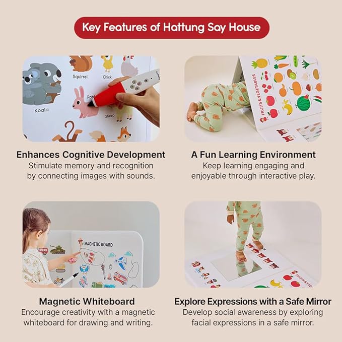 LIVEVIE Hattung SayHouse Interactive Educational Foldable Board for Kids with Talking Pen, Magnetic Board, Whiteboard &amp; Mirror - Learn Fruits, Numbers, Animals, and More
