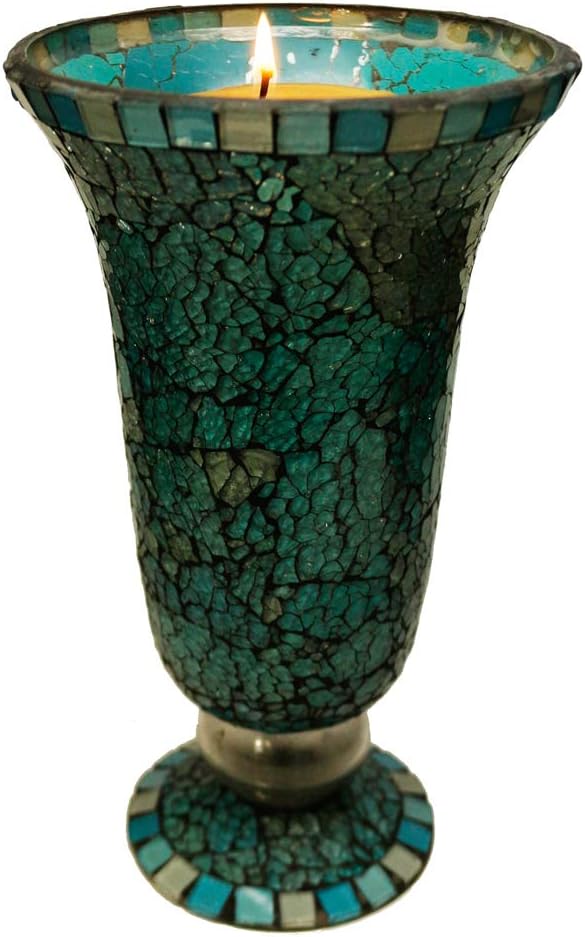 Blue Moon Glass Hurricane Candle Holder - Elegant Mosaic Table Decorations and Centerpieces for Dining/Living Room - Ideal Wedding Gift and Romantic Accent D?cor (Set of 2, Large)