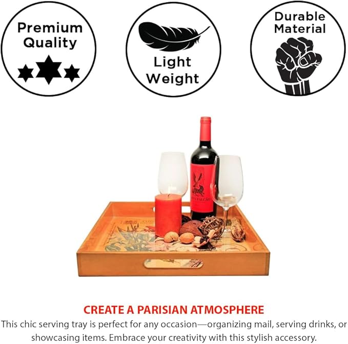 Paris Themed Serving Tray - Elegant 15" Square Platter for Breakfast, Appetizers, Coffee, Bar, and D?cor - Wooden with Vibrant Artwork