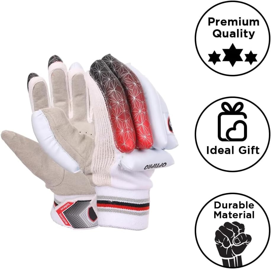 Optipro Batting Gloves for Cricket Premium Fabric Palm, Non-Toxic PVC Finger Rolls, Cotton Back Ventilated &amp; Lightweight, Sweat-Resistant for Better Grip