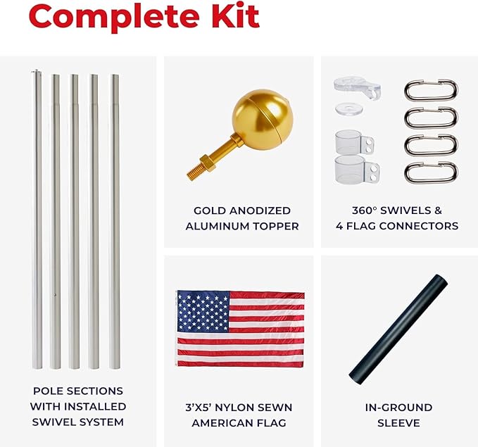 LIVEVIE Heavy Duty 21ft Guardian Flagpole Kit - Dual Flag, 360? Swivel, Wind-Resistant to 130 MPH, Durable &amp; Versatile for American Flag, Easy Installation, Complete Set