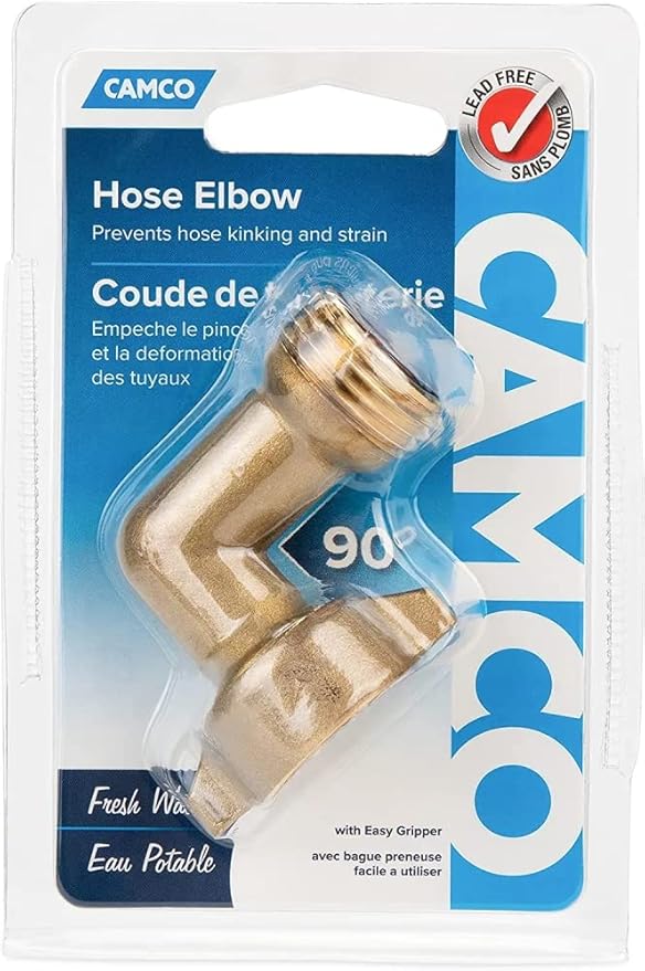 Camco 90-Degree Hose Elbow For RVs - Solid Brass Construction- Certified Lead-Free - Features Convenient Easy Grip Connector - For RV Water Hoses, Residential Outdoor Faucets, &amp; More - 1-Pack (22505)