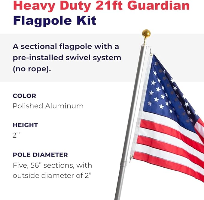 LIVEVIE Heavy Duty 21ft Guardian Flagpole Kit - Dual Flag, 360? Swivel, Wind-Resistant to 130 MPH, Durable &amp; Versatile for American Flag, Easy Installation, Complete Set
