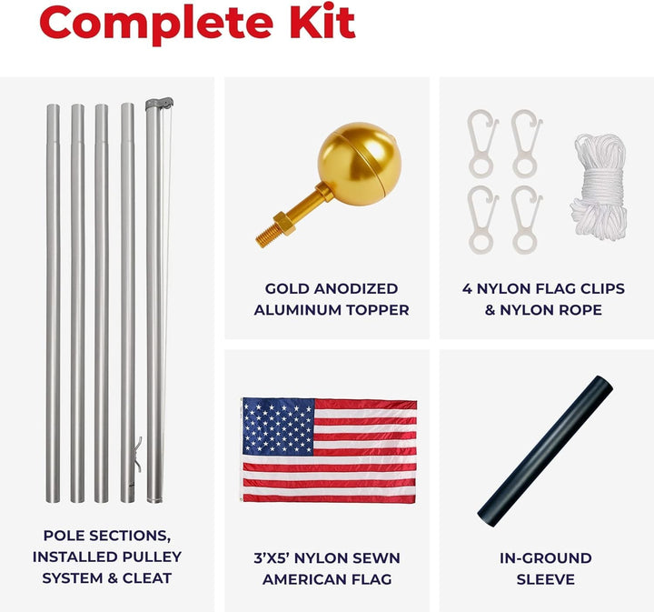 LIVEVIE Iconic Flag Pole Timeless Tradition &amp; Craftsmanship, Rust-Free Aluminum, Elegant Design, Complete Kit, Traditional Sectional, Rope System, 21-ft Length, Withstands Winds up to 130 MPH