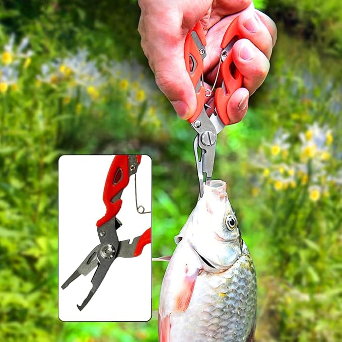 Amber Fight Gear Stainless Steel Fishing Pliers Set with Hook Remover, Braid Cutters, and Split Ring Tip - Saltwater Resistant Tools for Anglers, Red