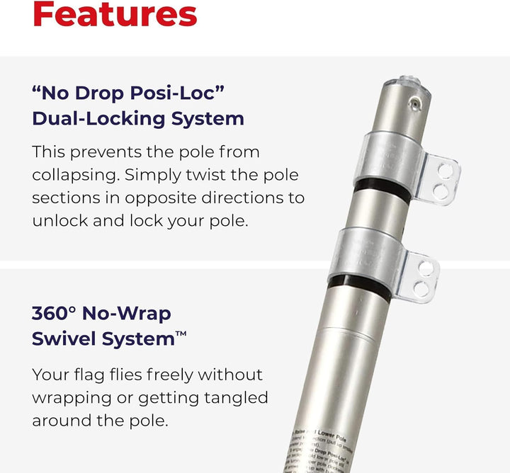 LIVEVIE Freedom Telescopic Flagpole - Elegant American Craftsmanship, Patented Security, Twist-and-Button Lock, 360? &