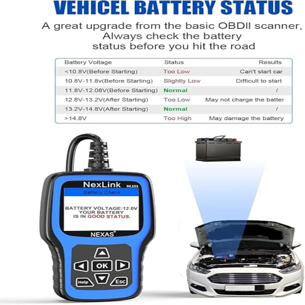 NL101 OBD2 Scanner Diagnostic Tool &amp; Battery Tester - Professional Car Engine Code Reader &amp; Battery Health Analyzer with Live Data Stream, Lifetime Updates, and Protective Case - 2024 Version