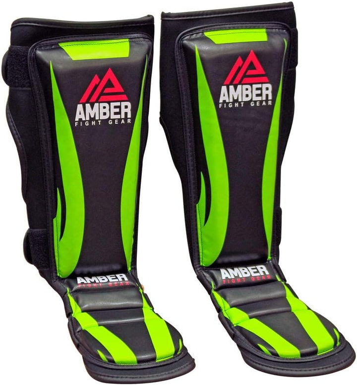 Ultimate Shield Muay Thai Shin &amp; Instep Guards, 100% Hi-Tec Skintex Leather, High-Density Foam Padding, Three-Foot Straps, Rubber Traction Dots, Ideal for Kickboxing Training
