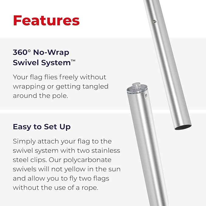LIVEVIE Heavy Duty 21ft Guardian Flagpole Kit - Dual Flag, 360? Swivel, Wind-Resistant to 130 MPH, Durable &amp; Versatile for American Flag, Easy Installation, Complete Set
