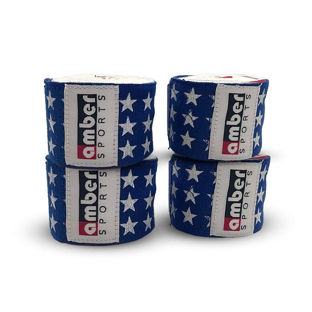 Amber Fight Gear USA Flag Handwraps, 180 inch Breathable Polyester Boxing Wraps for MMA, Kickboxing, Muay Thai, Training, Wrist &amp; Knuckle Support, Machine Washable, Sold as a Pair (10)