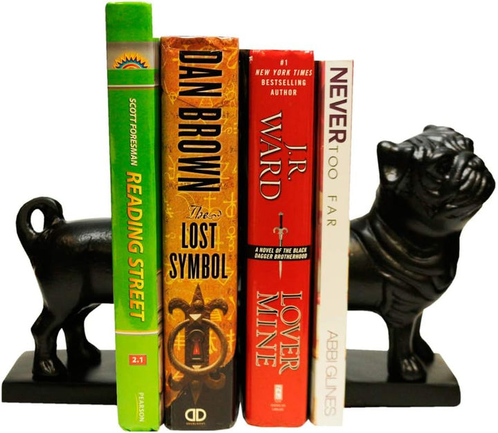 Pug Figure Decorative Bookends, Heavy Duty Metal Non-Skid Bookends with Antique Rough Finish, Perfect for Organizing Books, Movies, Magazines, and Video Games ? Set of 2
