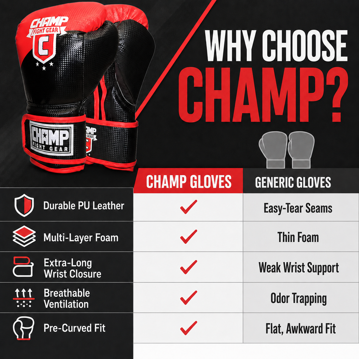 Champ Boxing Gloves for Training, Sparring, Kickboxing, MMA, Muay Thai, Durable PU Leather, Multi-Layered Foam, Wrist Support, Breathable Design
