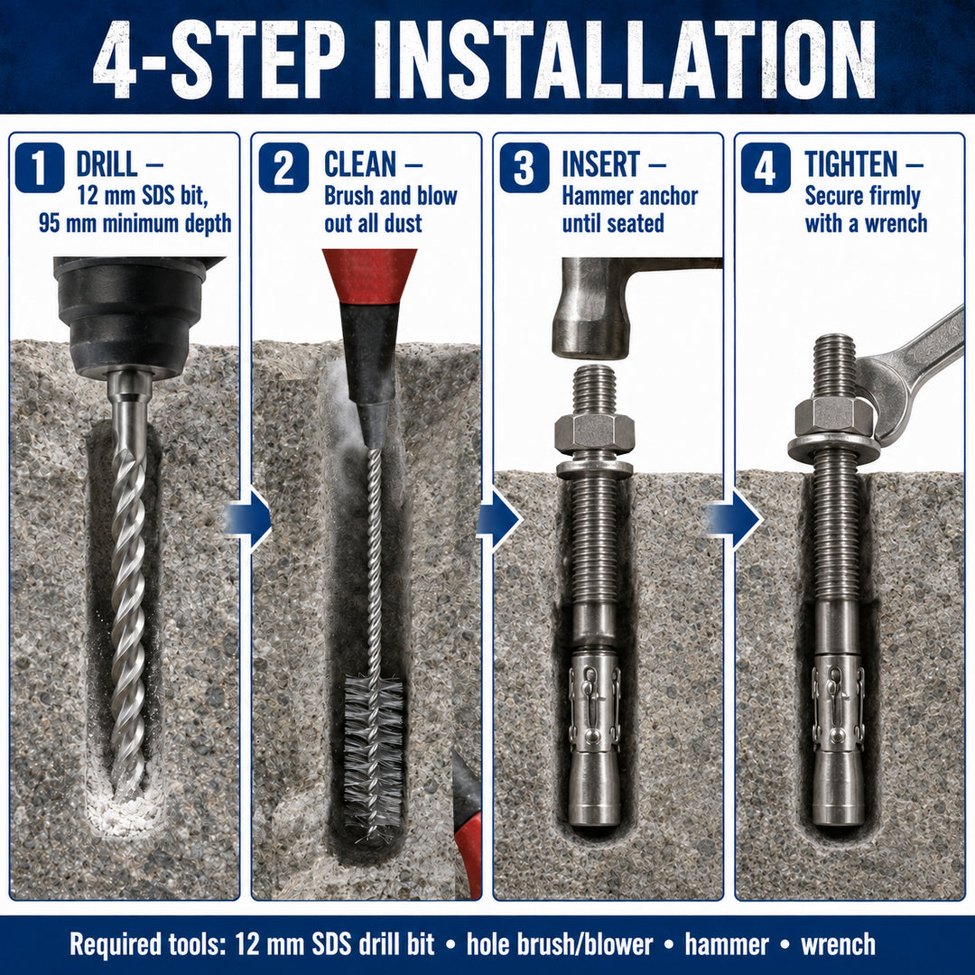 Dynamo SS304 Expansion Bolt ? Durable Outdoor Wedge Anchor for Medium to High Hardness Rocks, M12x95mm