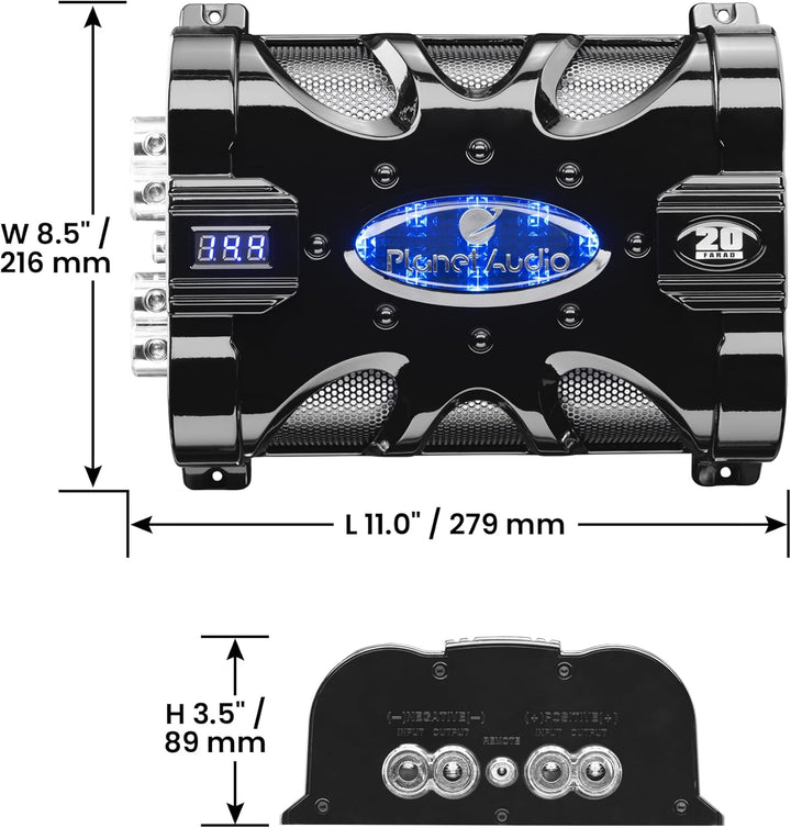 Planet Audio PC20F Car Capacitor - 20 Farad, Energy Storage, Enhance Bass from Stereo, Warning Tones, LED Voltage Meter