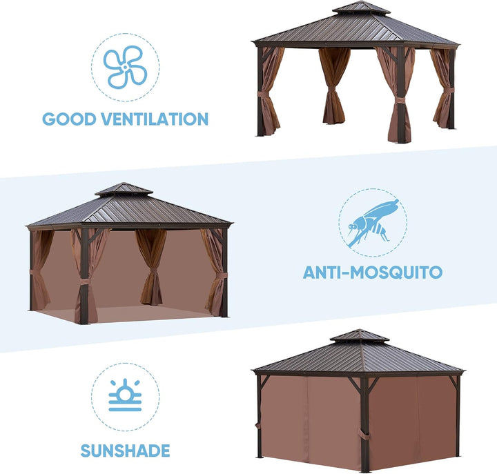 12x12FT patic Gazebo, alu Gazebo with Steel Canopy,Outdoor Permanent Hardtop Gazebo Canopy for Patio, Garden, Backyard