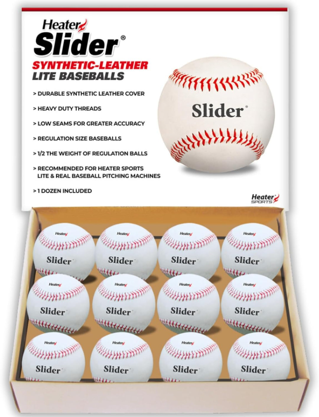 Heater Sports Slider Lite Genuine Leather Pitching Machine Baseballs - 1 Dozen, Accurate, &amp; Long-Lasting | Perfect for Batting &amp; Fielding Practice, Ideal for All Ages in Both Outdoor &amp; Indoor Use