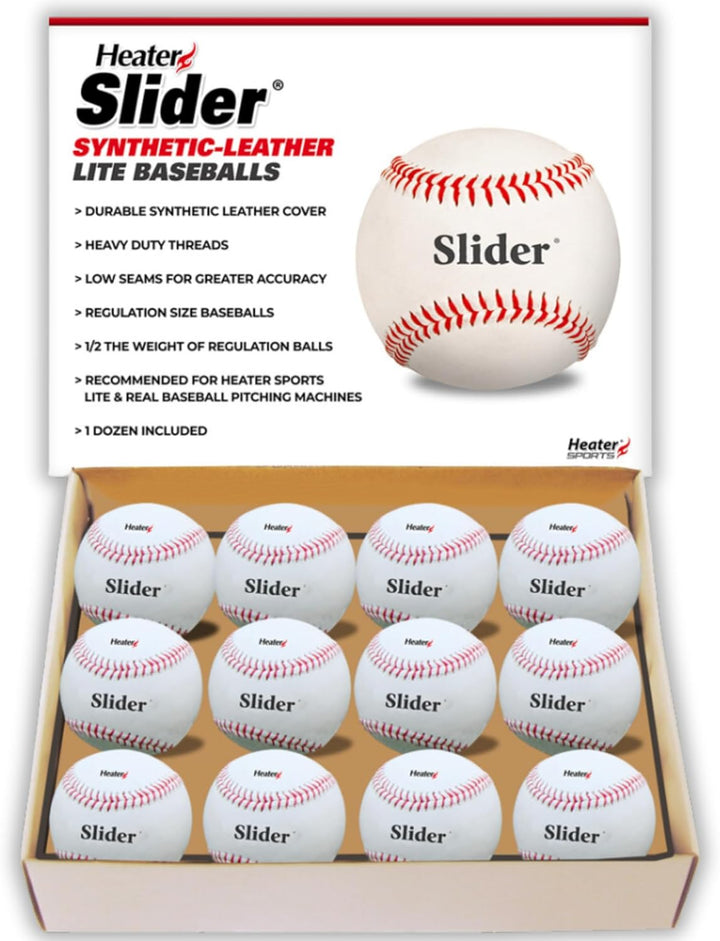 Heater Sports Slider Lite Genuine Leather Pitching Machine Baseballs - 1 Dozen, Accurate, &amp; Long-Lasting | Perfect for Batting &amp; Fielding Practice, Ideal for All Ages in Both Outdoor &amp; Indoor Use