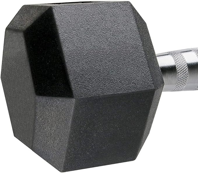 Rubber Encased Hex Dumbbell Weight, Solid Cast Iron Core, Chrome Knurled Handle, Anti-Roll Hex Design, Single Dumbbell for Strength Training, Available 3lb to 100lb