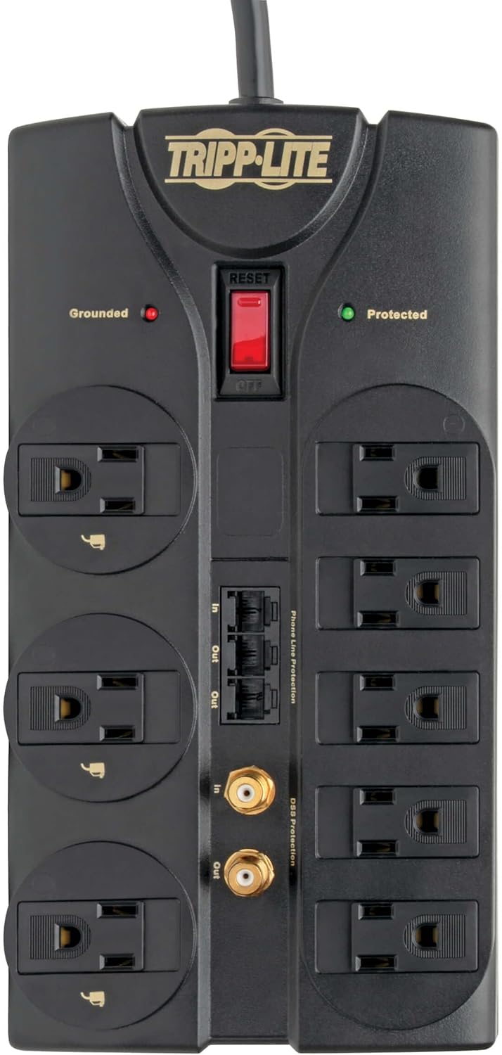 Tripp Lite 8 Outlet Surge Protector Power Strip, 8ft Cord, Right-Angle Plug, Tel/Fax/Modem/Coax Protection, RJ11, (TLP808TELTV)