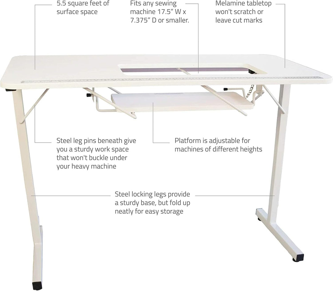 SewingRite SewStation 101 Portable Folding Sewing Table with Steel Legs, White - Perfect for Home, Office and Business
