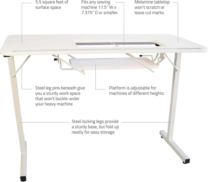 SewingRite SewStation 101 Portable Folding Sewing Table with Steel Legs, White - Perfect for Home, Office and Business