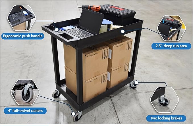 Offex 32 x 18 inches Mobile Multipurpose Utility Tub Cart with 2 Shelves and Push Handle - Black, Great for Warehouse, Garage and More