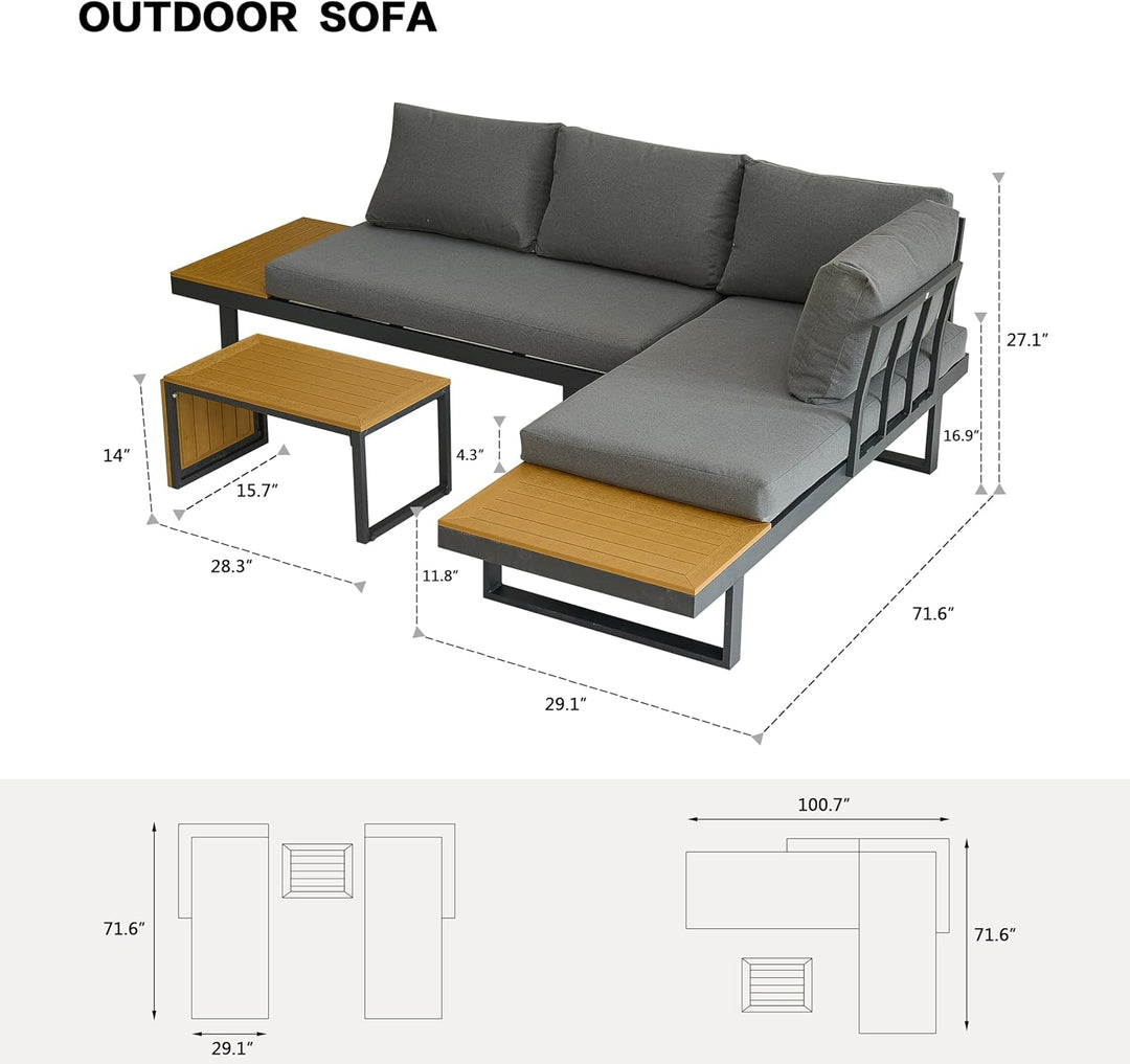 Aluminum Patio Furniture Set, Outdoor L-Shaped Sectional Sofa with Plastic Wood Side Table and Soft Cushion for Backyard Poolside