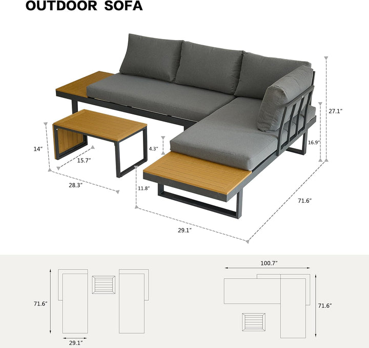 Aluminum Patio Furniture Set, Outdoor L-Shaped Sectional Sofa with Plastic Wood Side Table and Soft Cushion for Backyard Poolside