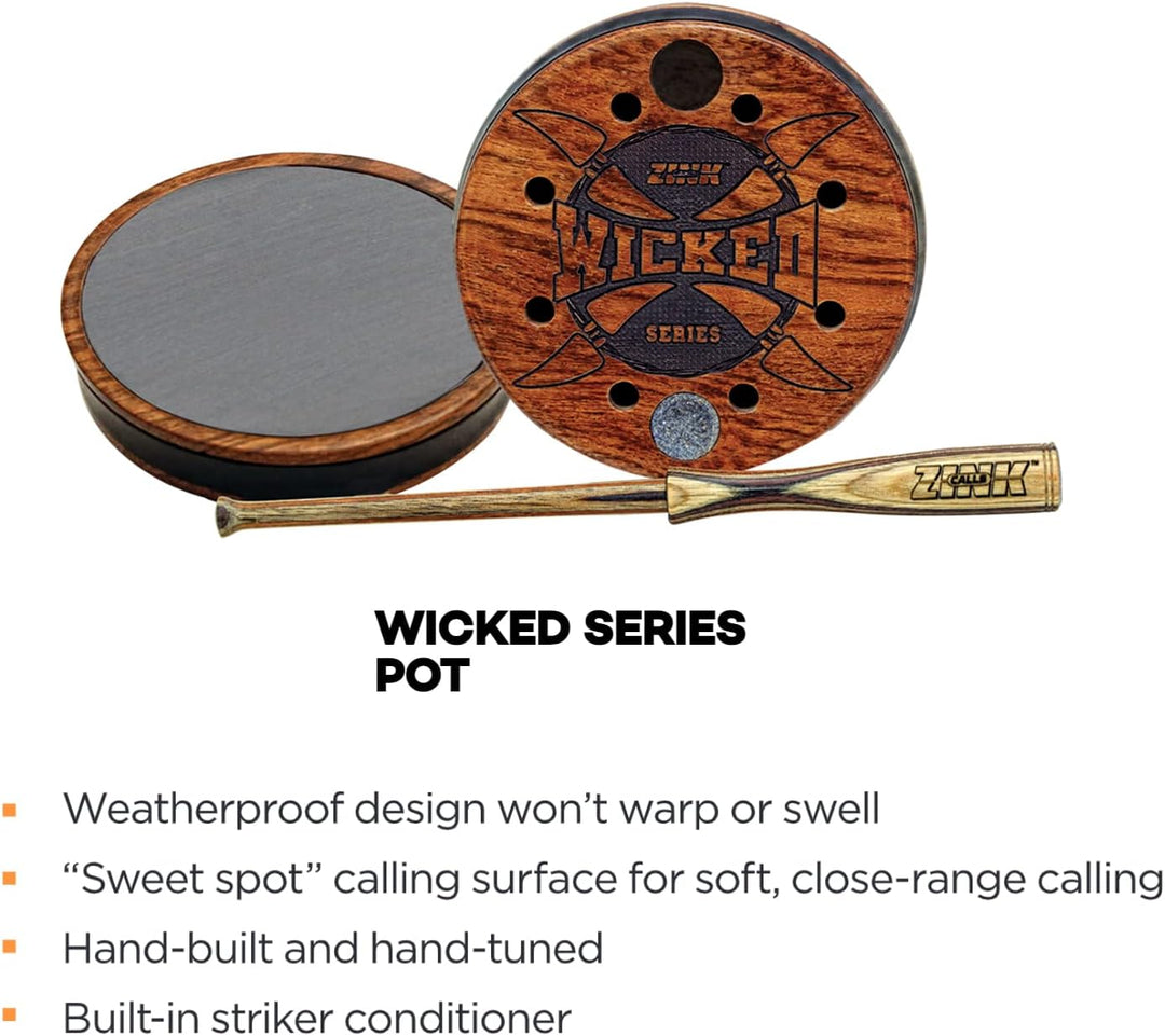 Zink Wicked Series Hunting Pot Turkey Call | Wood/Acrylic Durable Weatherproof Traditional Design Hand-Tuned Soft Close-Range Calling, Slate