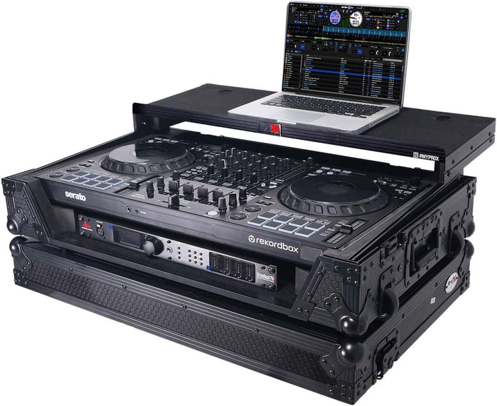 ProX XS-DDJFLX10WLTBL ATA Flight Style Road Case For Pioneer DDJ-FLX10 DJ Controller with Laptop Shelf 1U Rack Space Wheels and LED Black Finish