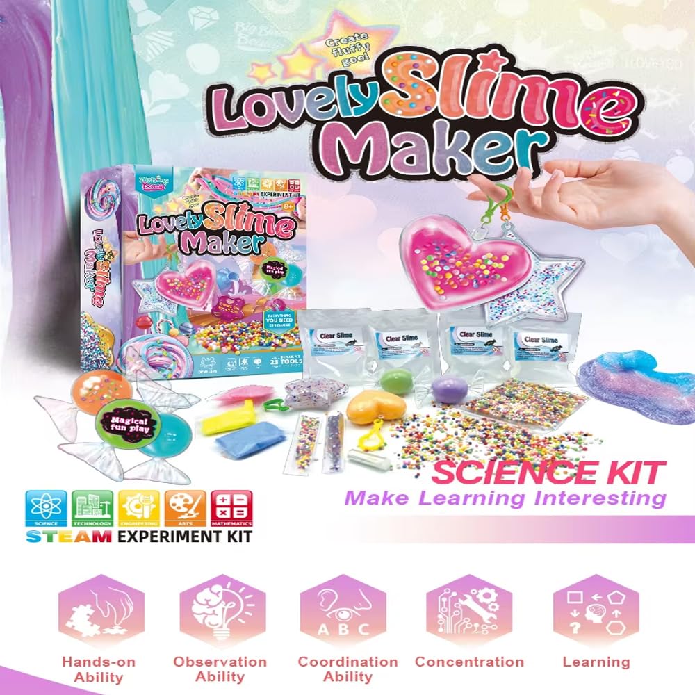 Lovely Slime Maker Kit for Kids - Includes 10 Pre-Made Rainbow Slimes, Candy Pellets, Heart &amp; Star Molds - DIY Glitter, Fluffy, Clear, and Glow-in-The-Dark Slime - Safe, Non-Toxic, Creative Fun