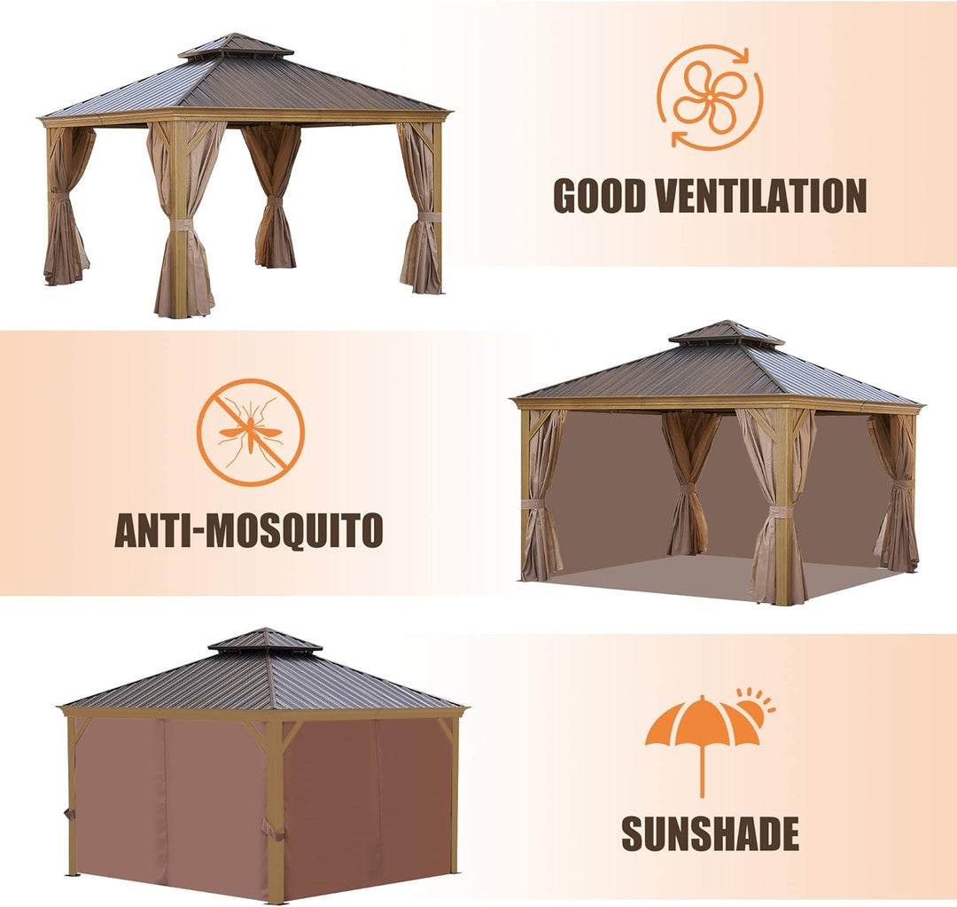 12x12FT patic Gazebo,alu Gazebo with Steel Canopy,Outdoor Permanent Hardtop Gazebo Canopy for Patio, Garden, Backyard