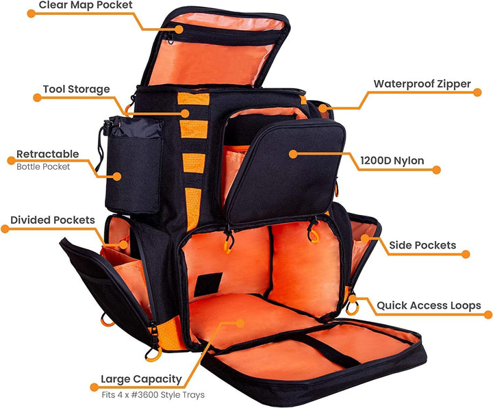 Amber Sporting Goods Fishing Backpack Waterproof Tackle Bag with Protective Rain Cover Includes 4 Tackle Boxes Stainless Steel Fishing Pliers and Lanyard