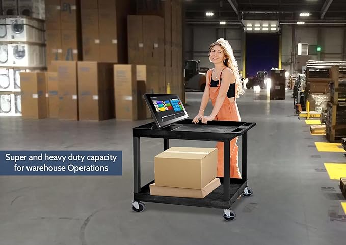 Offex 32 x 18 inches Mobile Multipurpose Utility Tub Cart with 2 Shelves and Push Handle - Black, Great for Warehouse, Garage and More