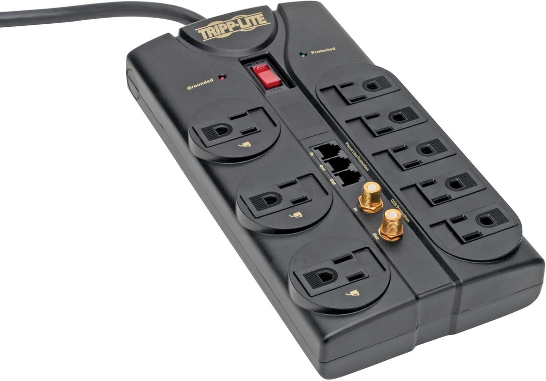 Tripp Lite 8 Outlet Surge Protector Power Strip, 8ft Cord, Right-Angle Plug, Tel/Fax/Modem/Coax Protection, RJ11, (TLP808TELTV)