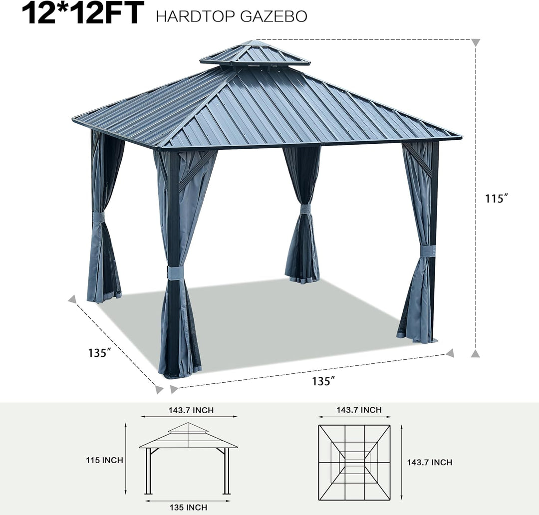 12x12ft Gazebo Double Roof Canopy with Netting and Curtains, Outdoor Gazebo 2-Tier Hardtop Galvanized Iron Aluminum Frame Garden Tent for Patio, Backyard, Deck and Lawns