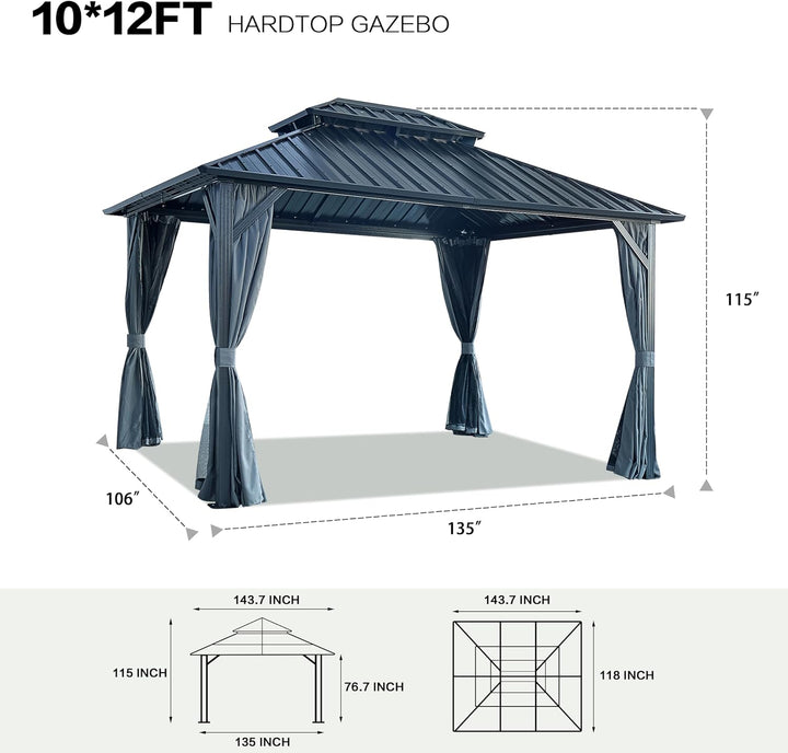 10x12ft Gazebo Double Roof Canopy with Netting and Curtains, Outdoor Gazebo 2-Tier Hardtop Galvanized Iron Aluminum Frame Garden Tent for Patio, Backyard, Deck and Lawns