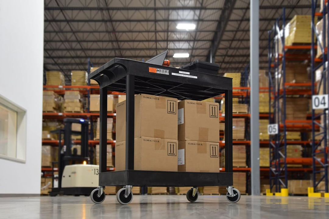 Offex 32 x 18 inches Mobile Multipurpose Utility Tub Cart with 2 Shelves and Push Handle - Black, Great for Warehouse, Garage and More