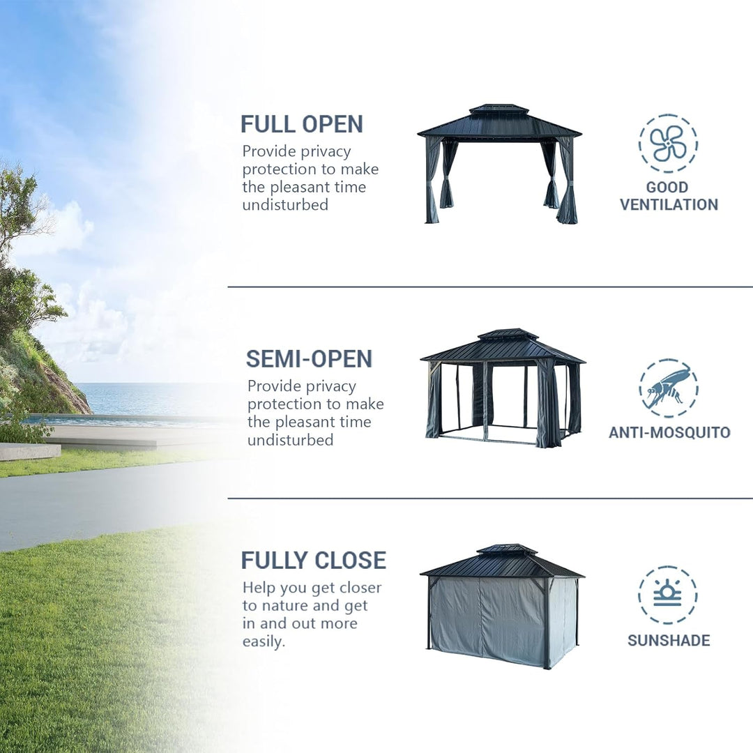 10x12ft Gazebo Double Roof Canopy with Netting and Curtains, Outdoor Gazebo 2-Tier Hardtop Galvanized Iron Aluminum Frame Garden Tent for Patio, Backyard, Deck and Lawns