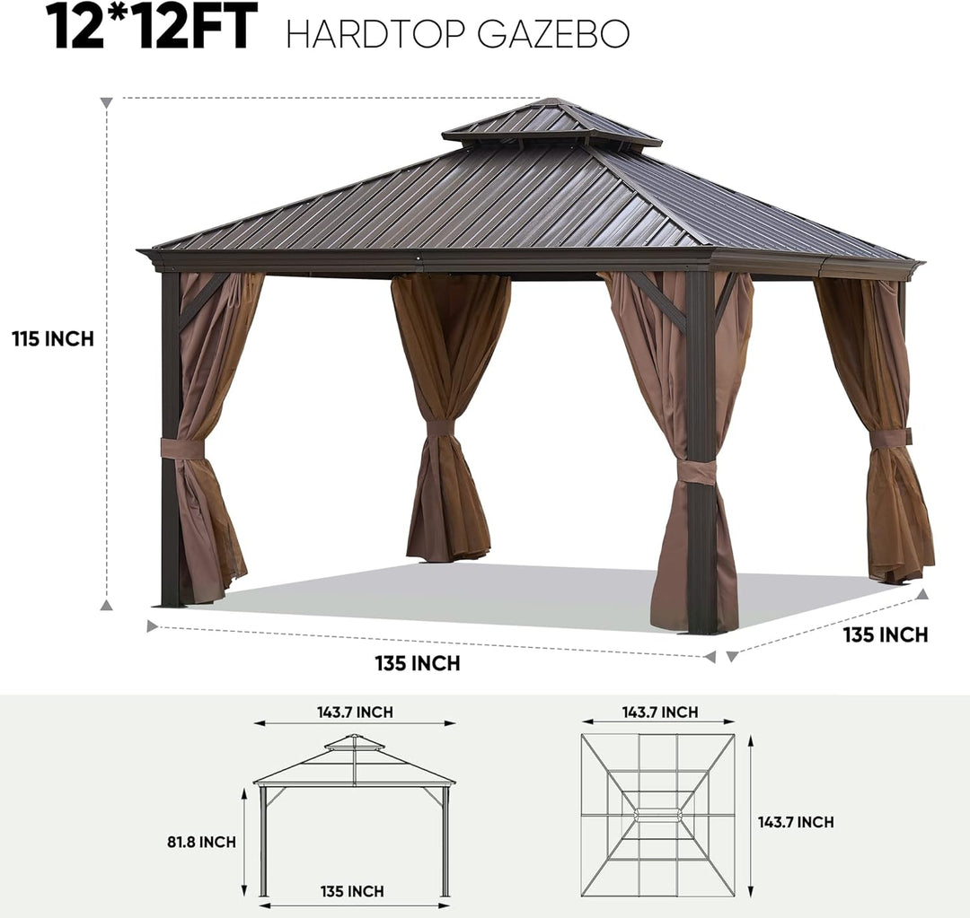 12x12FT patic Gazebo, alu Gazebo with Steel Canopy,Outdoor Permanent Hardtop Gazebo Canopy for Patio, Garden, Backyard