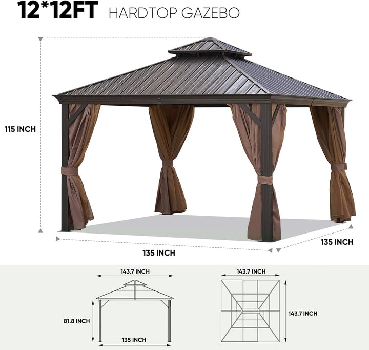 12x12FT patic Gazebo, alu Gazebo with Steel Canopy,Outdoor Permanent Hardtop Gazebo Canopy for Patio, Garden, Backyard