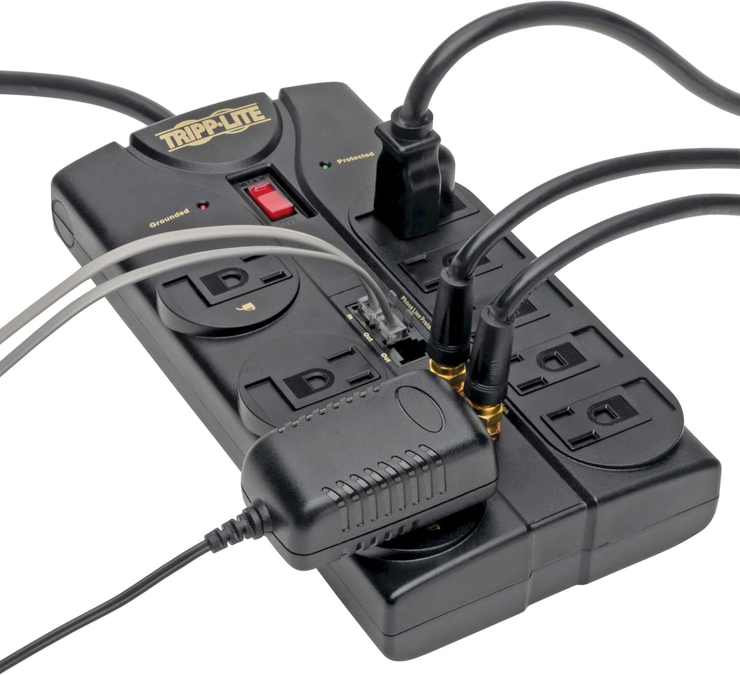 Tripp Lite 8 Outlet Surge Protector Power Strip, 8ft Cord, Right-Angle Plug, Tel/Fax/Modem/Coax Protection, RJ11, (TLP808TELTV)