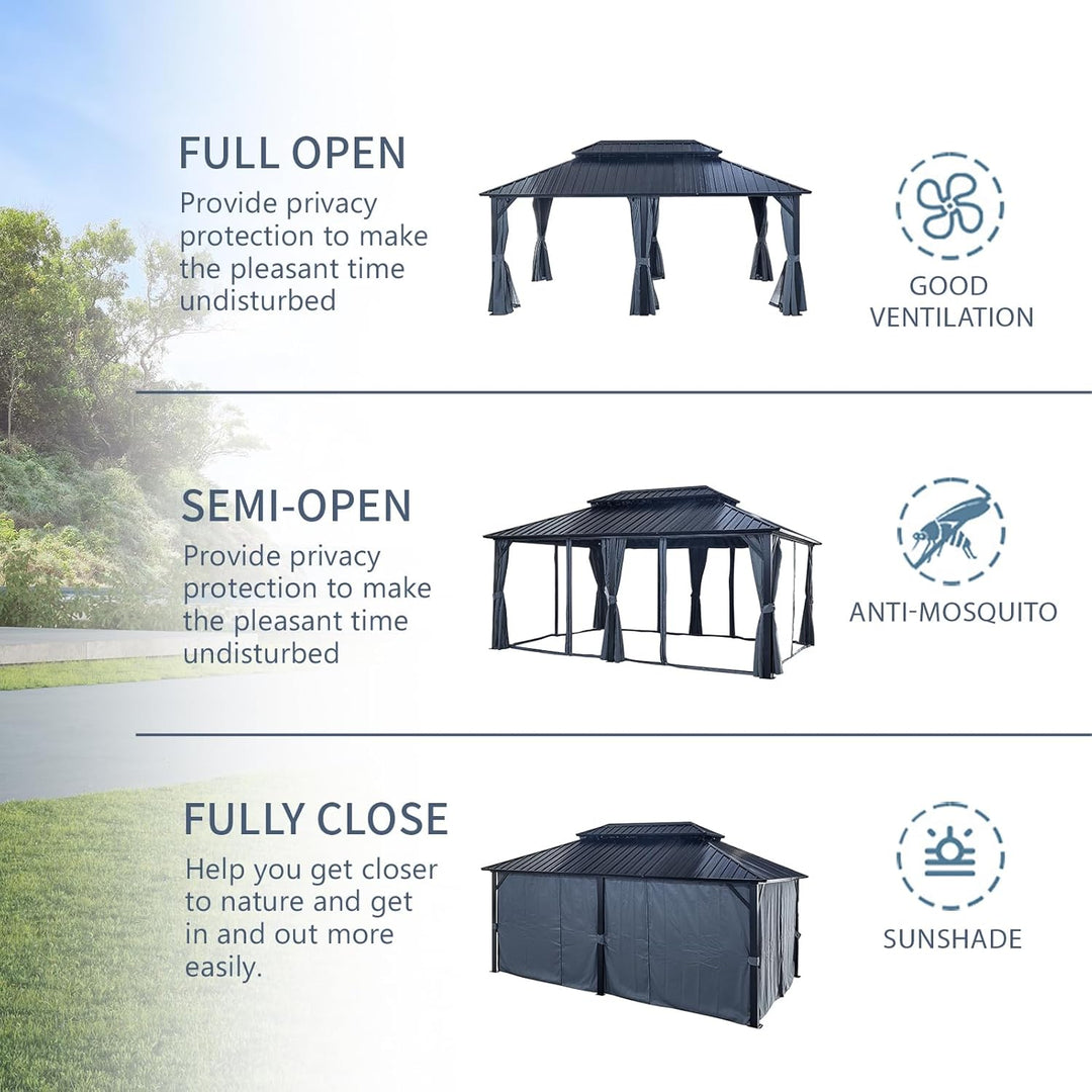 12x18ft Hardtop Gazebo with Nettings and Curtains, Heavy Duty Double Roof Galvanized Steel Outdoor Combined of Vertical Stripes Roof for Patio, Backyard