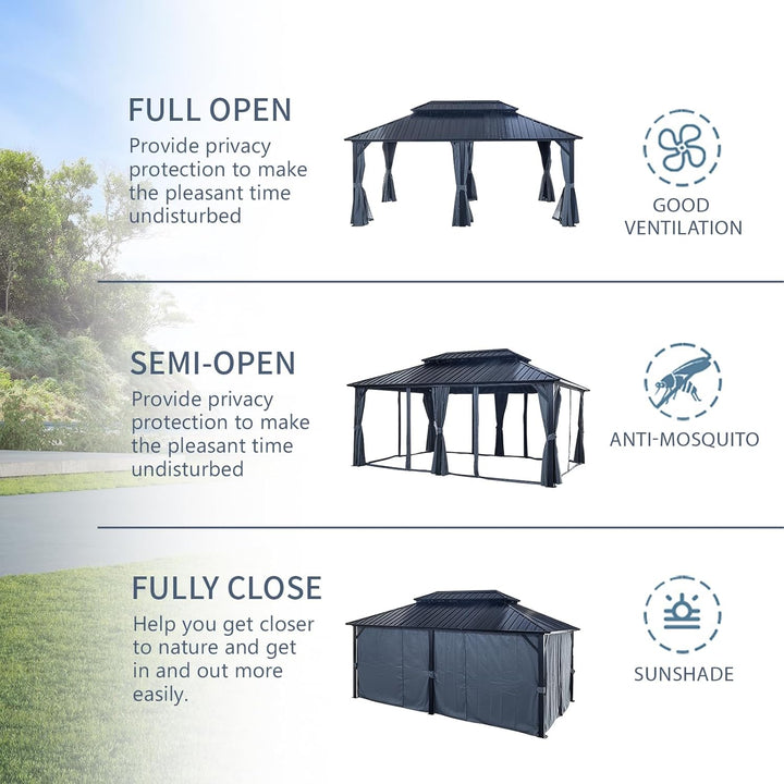 12x18ft Hardtop Gazebo with Nettings and Curtains, Heavy Duty Double Roof Galvanized Steel Outdoor Combined of Vertical Stripes Roof for Patio, Backyard