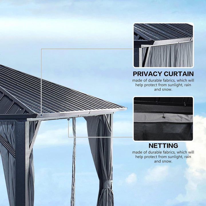 12x18ft Hardtop Gazebo with Nettings and Curtains, Heavy Duty Double Roof Galvanized Steel Outdoor Combined of Vertical Stripes Roof for Patio, Backyard