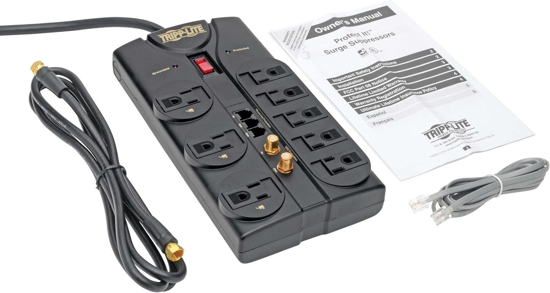 Tripp Lite 8 Outlet Surge Protector Power Strip, 8ft Cord, Right-Angle Plug, Tel/Fax/Modem/Coax Protection, RJ11, (TLP808TELTV)