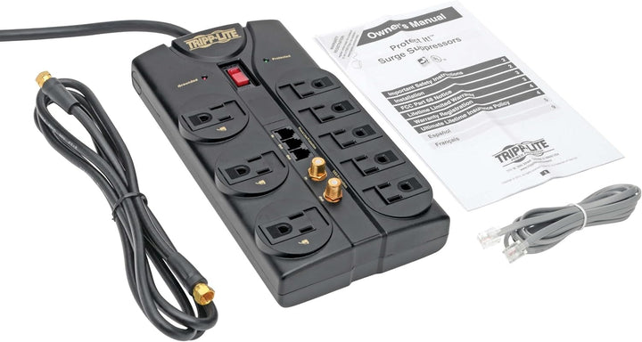 Tripp Lite 8 Outlet Surge Protector Power Strip, 8ft Cord, Right-Angle Plug, Tel/Fax/Modem/Coax Protection, RJ11, (TLP808TELTV)