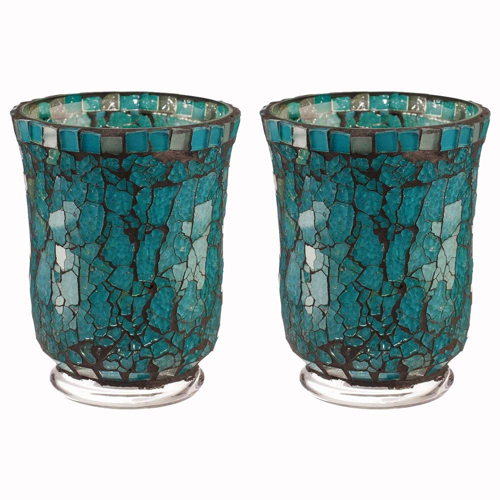 Blue Moon Glass Hurricane Candle Holder - Elegant Mosaic Table Decorations and Centerpieces for Dining/Living Room - Ideal Wedding Gift and Romantic Accent D?cor (Set of 2, Small)